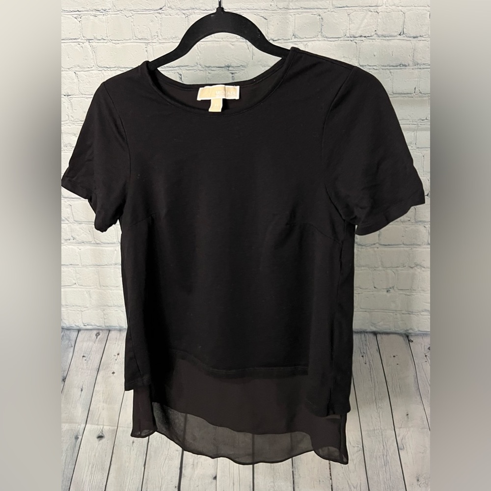 Michael Kors Black Cotton Chiffon Layered Split Back Pullover Top | Sz XS